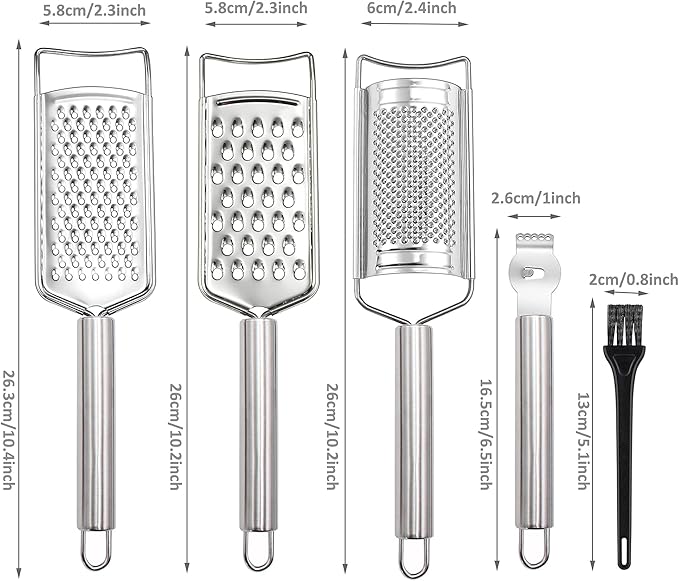Tongjude Stainless Steel Cheese Grater Set, Set of 5 Kitchen Grater & Peeler & Slicer, Lemon Zester with Cleaning Brush for Vegetable, Fruit, Chocolate