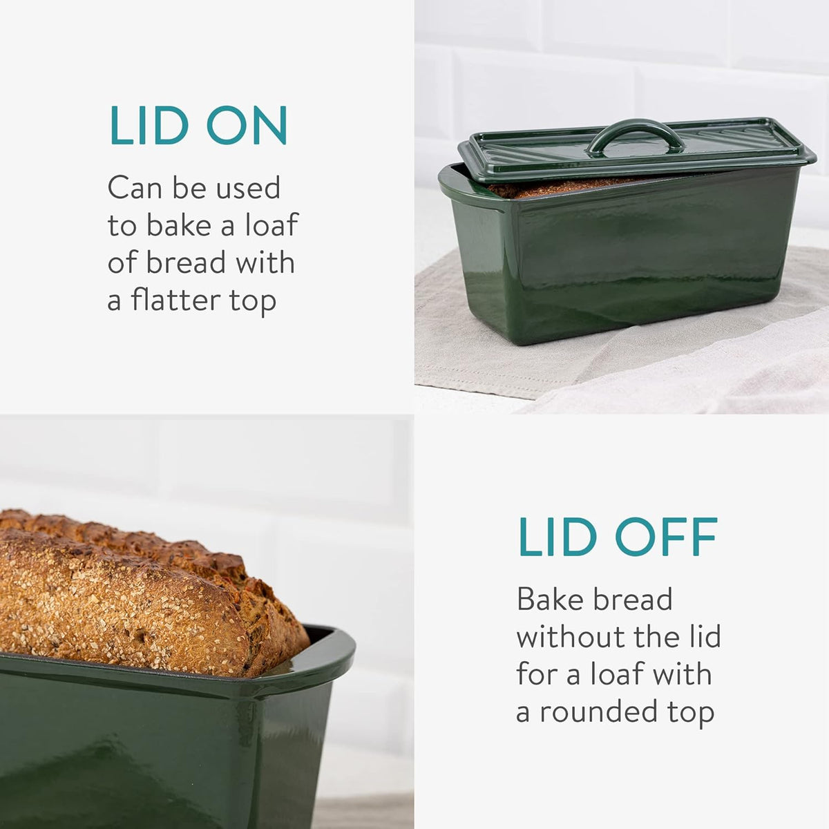 Navaris Bread Loaf Pan with Lid - Cast Iron Bread Baking Dish for Bulge Top or Flat Top Breads Meat Veg Meatloaf - Baking Tin 13-3/8" x 5-1/8" x 5-1/8" - Green
