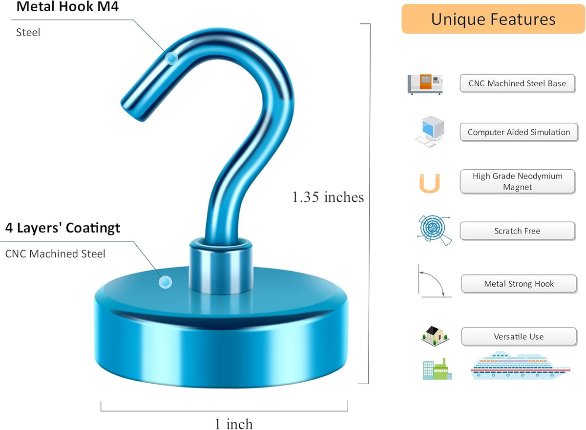 Neosmuk Magnetic Hooks Heavy Duty,Strong Magnet with Hook for Fridge, Super Neodymium Extra Strength Industrial Hooks for Hanging, Magnetic Hanger for Toolbox, Cruise, Grill(RoyalBlue,10 Pack)