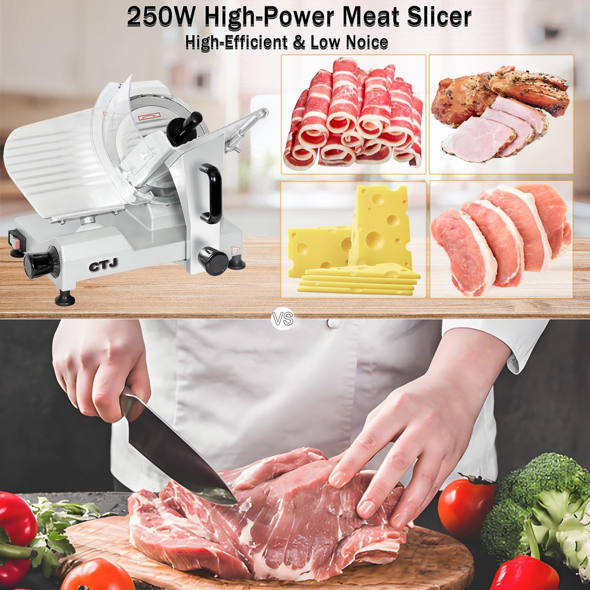 CTJ Commercial Meat Slicer 12" Electric Deli Slicers 250W Meat Cutter Machine (0-0.62") Adjustable Thickness Food Slicer with Cut-Resistant Gloves for Vegetables, Hard Bread, Cheese, Ham
