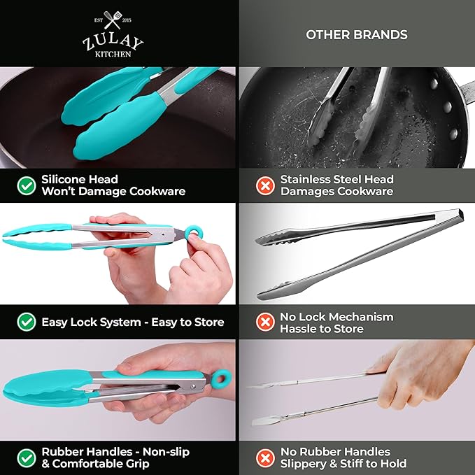 Zulay Stainless Steel Kitchen Tongs with Silicone Tips - Set of 2 (9” & 12”) Locking Cooking Tongs with Non-Slip Grip - Heat Resistant, BBQ Food Tongs for Non-Stick Cooking Pans (Silver/Aqua Sky)