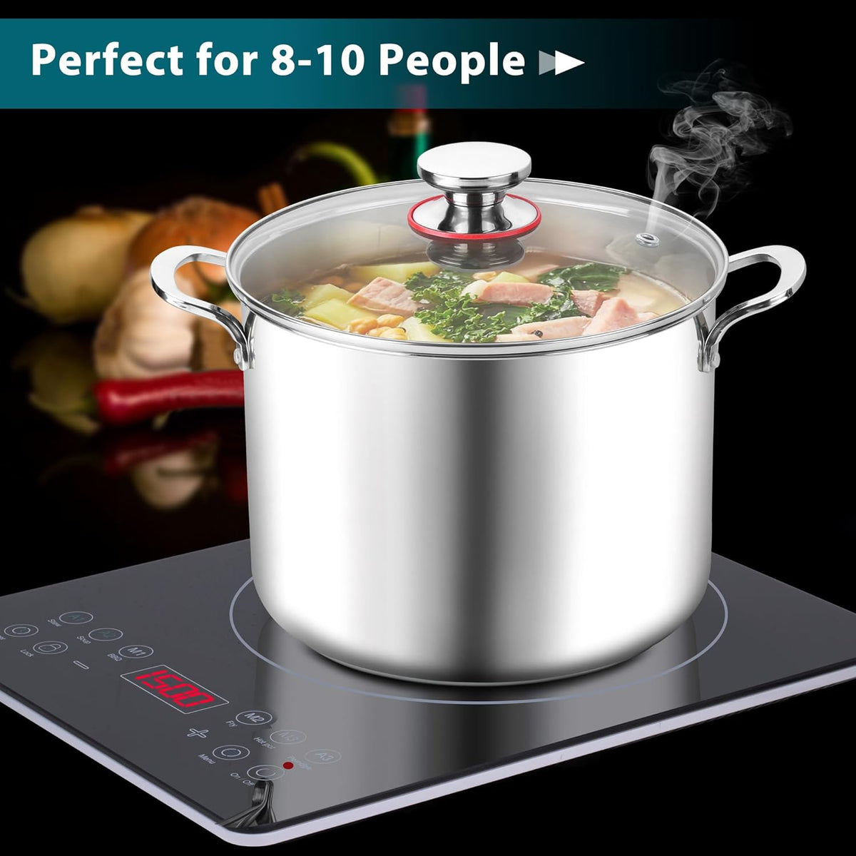 E-far 10 Quart Stock Pot, Large Tri-Ply Stainless Steel Soup Pot with Glass Lid and Riveted Handles, Tall Induction Cooking Pot for Canning/Simmering/Stewing, Heavy Duty & Dishwasher Safe