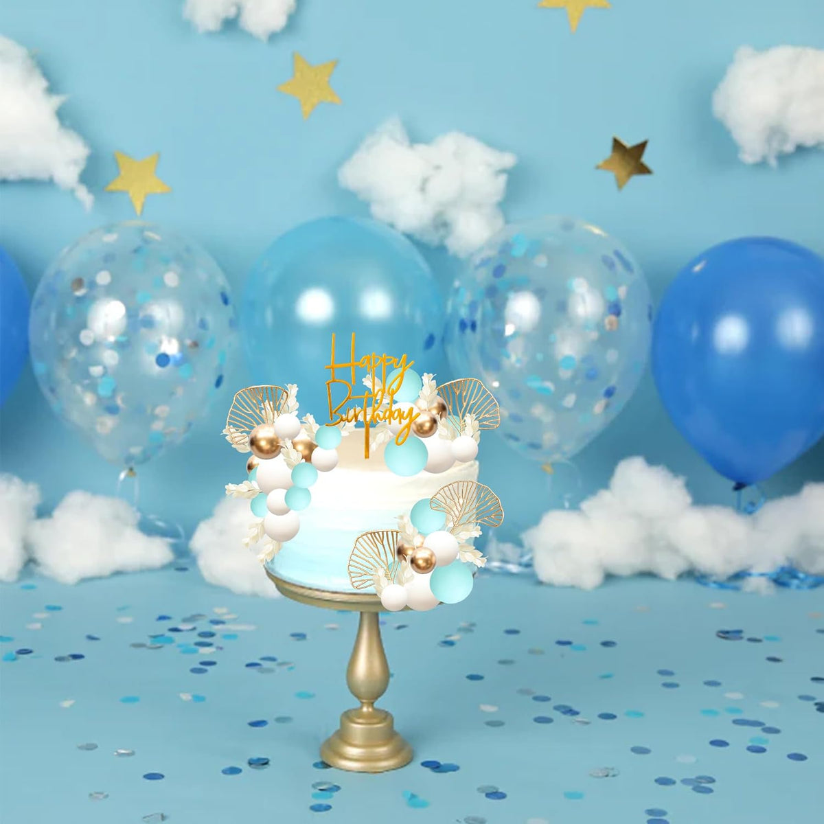 Gyufise 57Pcs Balls Cake Topper Boho Grass Cake topper Pearl Balls Acrylic Happy Birthday Cake Decorations for Wedding Baby Shower Birthday Boho Themed Party Supplies Light Blue