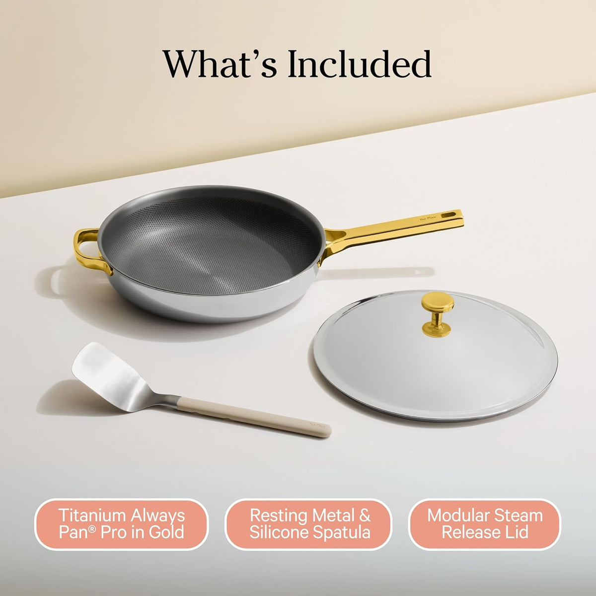 Our Place Titanium Large Always Pan Pro - 12.5” (4.2 Qt) No-Coating Nonstick Skillet | Tri-Ply Titanium & Stainless Steel | Safe for Oven, Induction & Cooktops up to 750°F | Includes Spatula | Gold