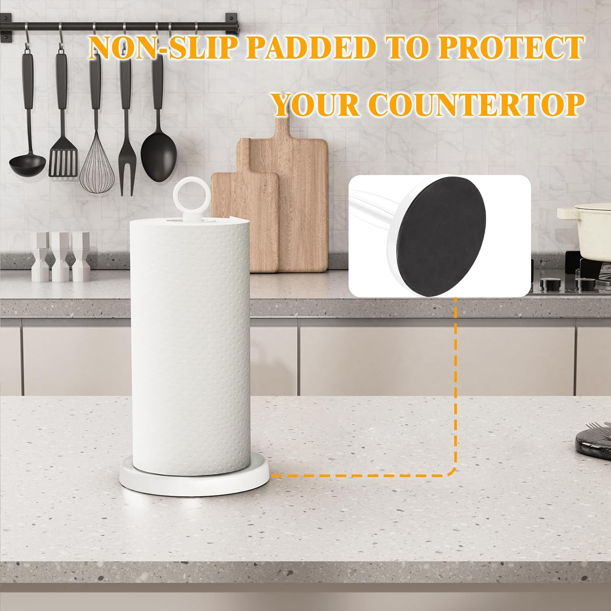 White Paper Towel Holder Countertop, White Kitchen Accessories Decor, One-Handed Tear, Stainless Steel, Weighted Base, Paper Towel Holder Stand with Ratchet System for Kitchen Farmhouse Essentials