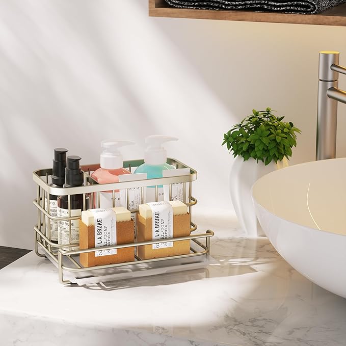 HapiRm Kitchen Sink Caddy Organizer - Versatile Sponge Holder with Drain Tray, SUS304 Stainless Steel Rustproof Kitchen Sink Organizer Storage for Countertop- Brushed Nickel