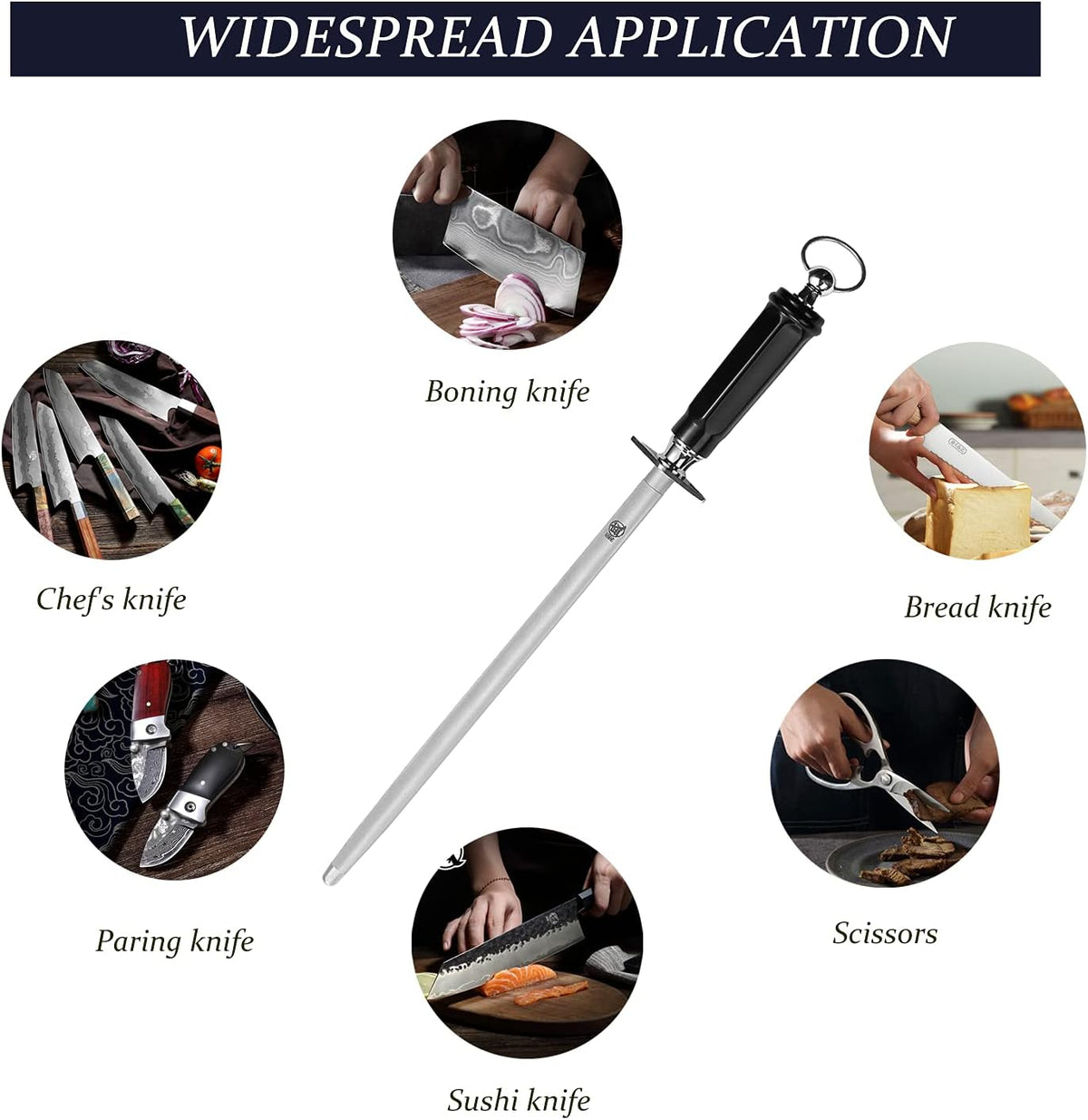 MITSUMOTO SAKARI 12 inch Japanese Honing Steel - Round Diamond Knife Sharpening Rod, Professional High Carbon Sharpener with ABS Handle & Powerful Magnet