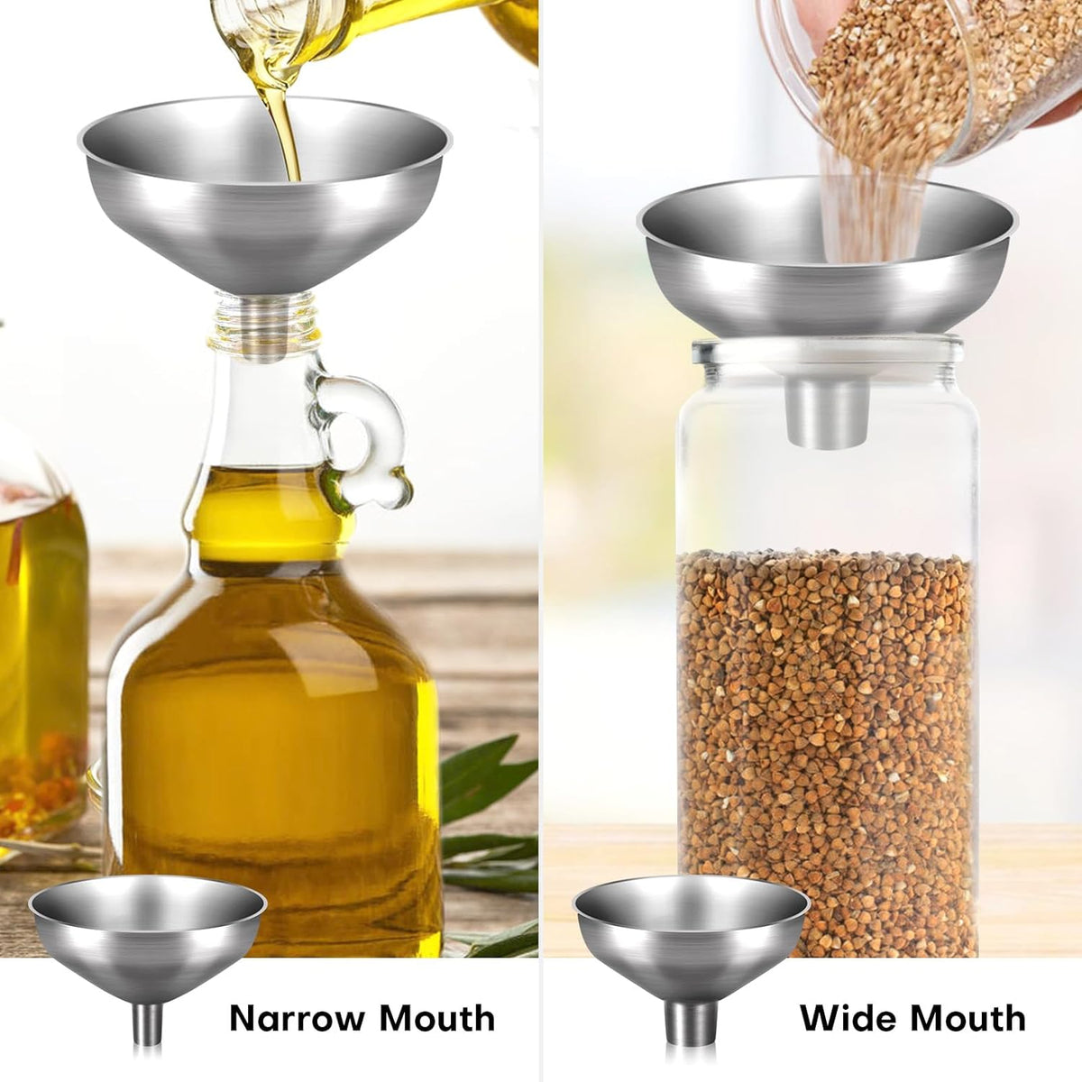 Stainless Steel Metal Funnel Set of 2, Kitchen Filling Funnel (0.5-inch Narrow Mouth) and (1-inch Wide Mouth), Practical Tools for Transferring Spices, Oils, Food and Beer