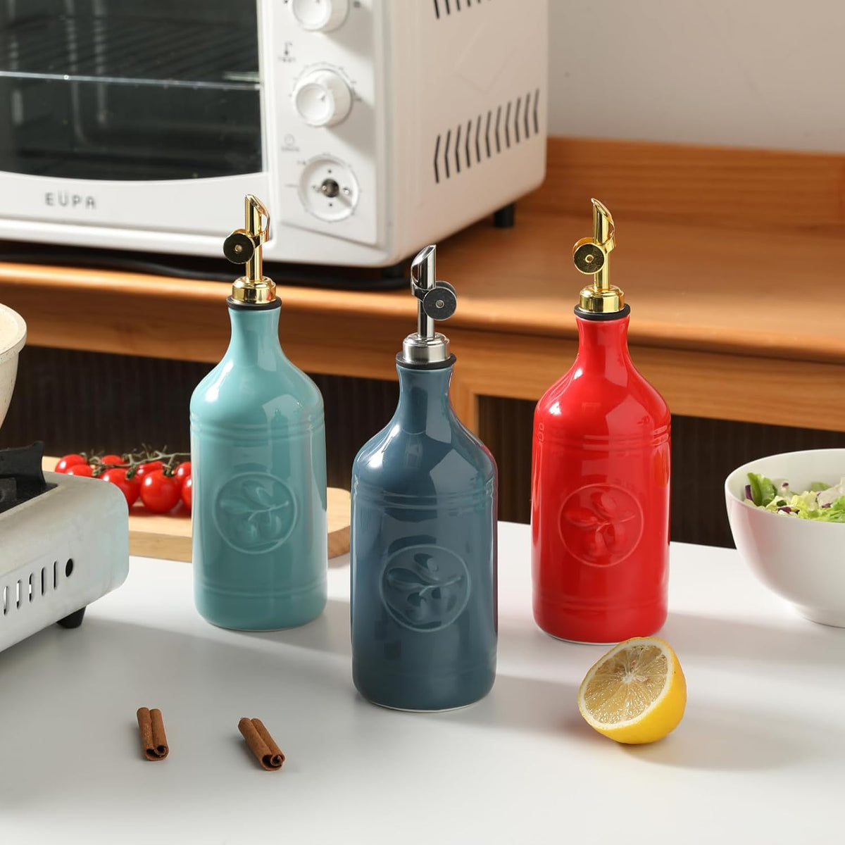 Sweejar 16 Oz Ceramic Olive Oil Dispenser Bottle, Oil Dispenser for Kitchen with Gravity Spout, Relief Opaque Vinegar Container for Evoo, Soy Sauce, 1 Pack(Fog Blue, Silver Spout)