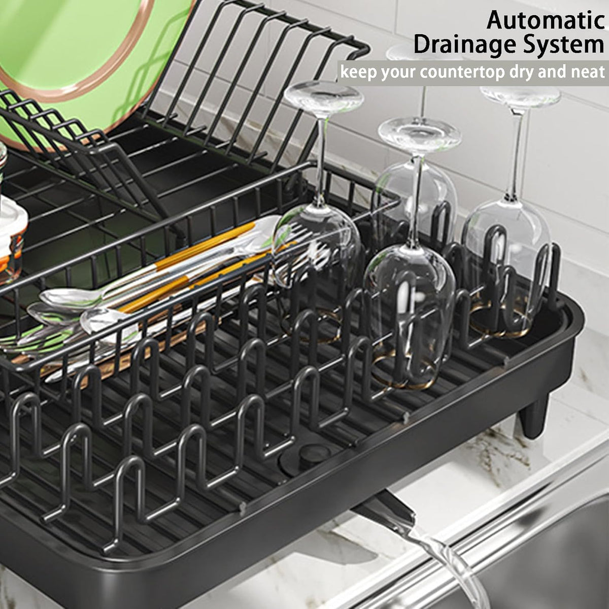 LEMIKKLE Dish Drying Rack, Large-Capacity Dish Drainer with Cutlery Holder Rotatable Water Drainer for Kitchen Counter,20.5" D x 16.1" W x 5.5" H