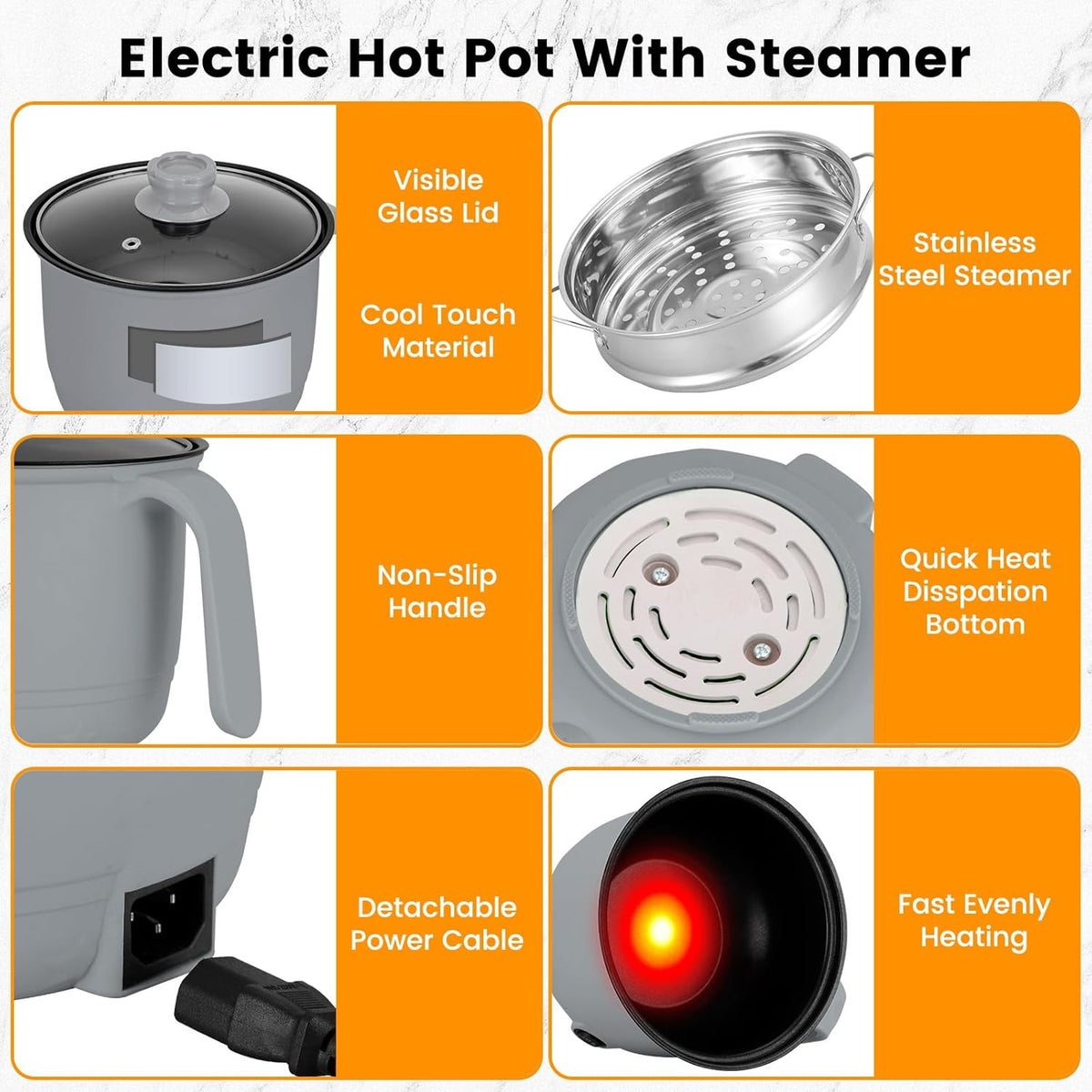 Hot Pot Electric With Steamer,Rapid Ramen Cooker,1.8L Mini Portable Self Heating Electric Pot For Cooking Noodles Steak Pasta,Shabu Shabu Hotpot Pot Electric Dorm Lazy Pot,Non-Stick Gray