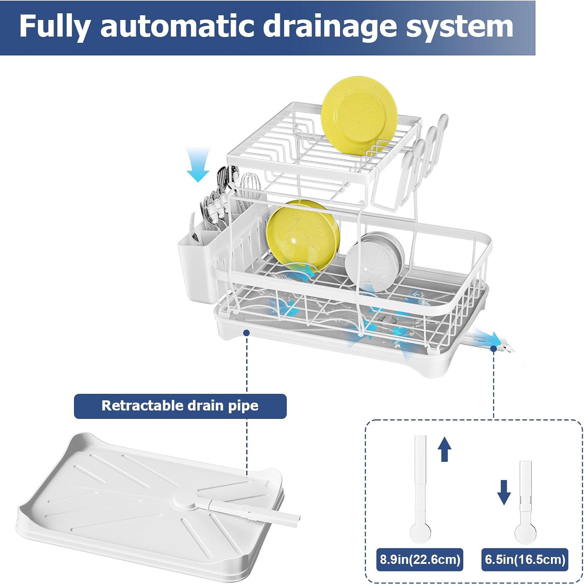 Dish Drying Rack 2-Tier Dish Racks for Kitchen Counter, Adjustable Spout Auto-Draining Dish Rack, Large Capacity for Plates, Bowls, Cups, Tableware,Dish Drainer with Drainboard,White