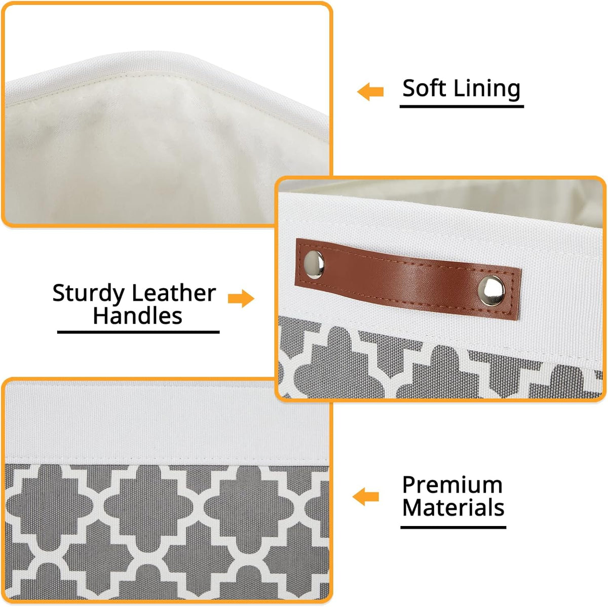 DULLEMELO Foldable Nursery Storage Baskets Canvas Storage Bins for Organizing 2 Pack Collapsible Home Organizer With Leather Handles (White&Lattice Grey)