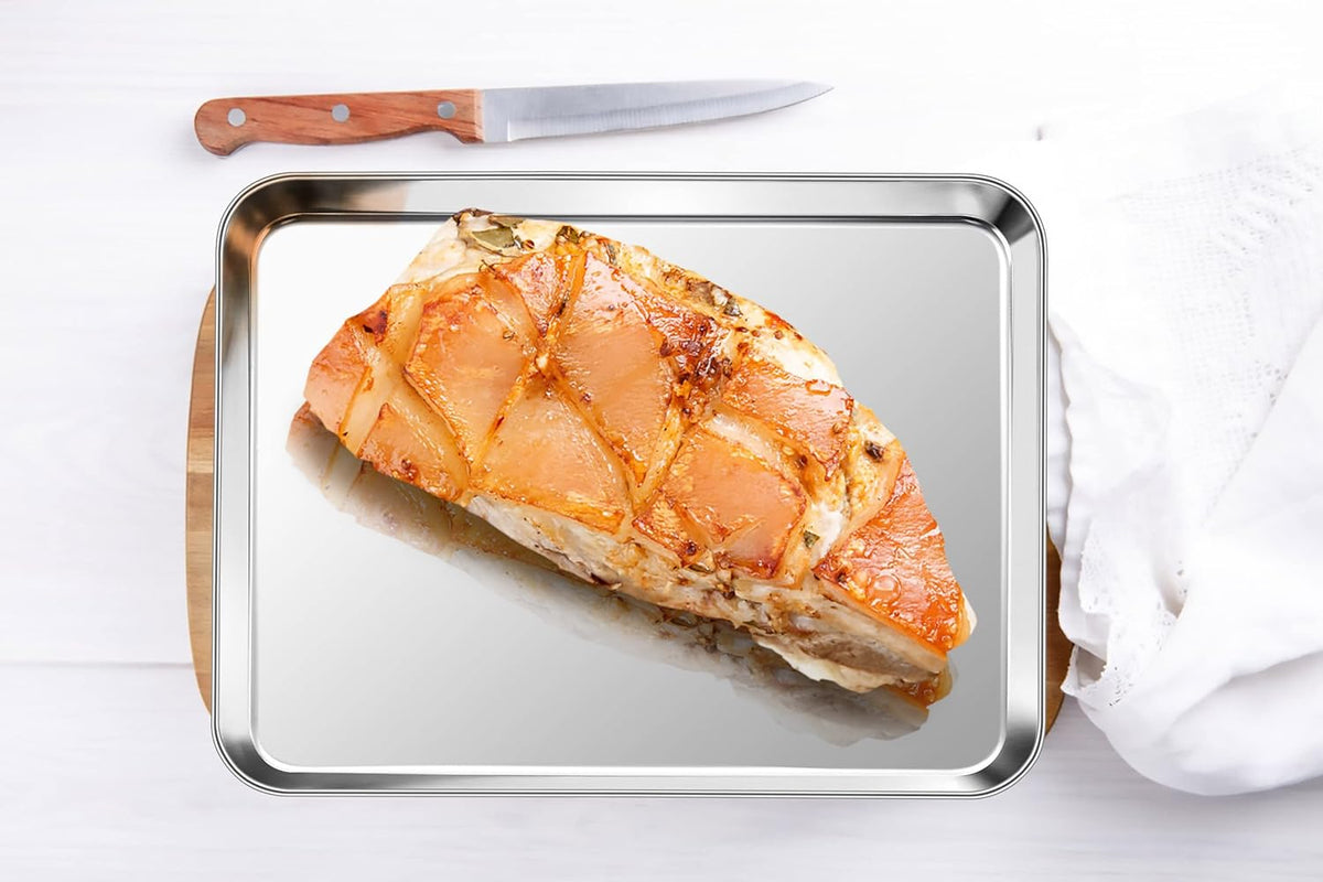 P&P CHEF 9 Inch Baking Cookie Sheet, Oven Pan Tray Stainless Steel Sheet Pan for Kitchen, Oven Bakeware for Multi Uses, Shiny Look & Dishwasher Safe, Healthy & Heavy Duty, 4Pcs