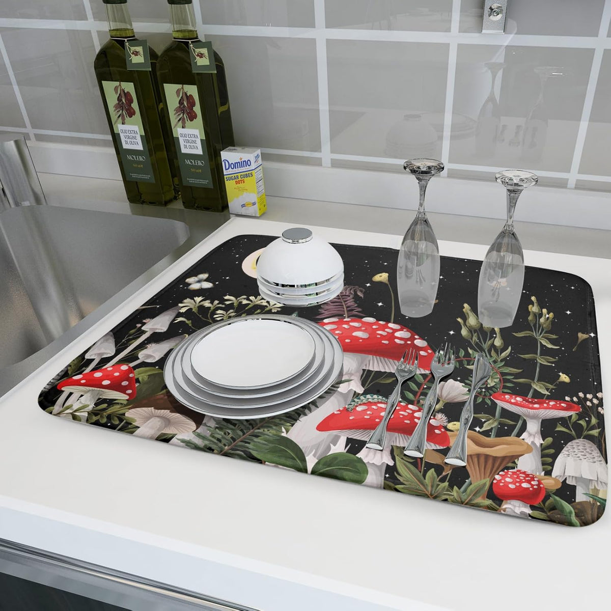 Red Mushroom Dish Drying Mat for Kitchen Counter Plant Leaves Drainer Mats Rack Holder Countertop Absorbent Microfiber Coffee Pads 18x24 Inch