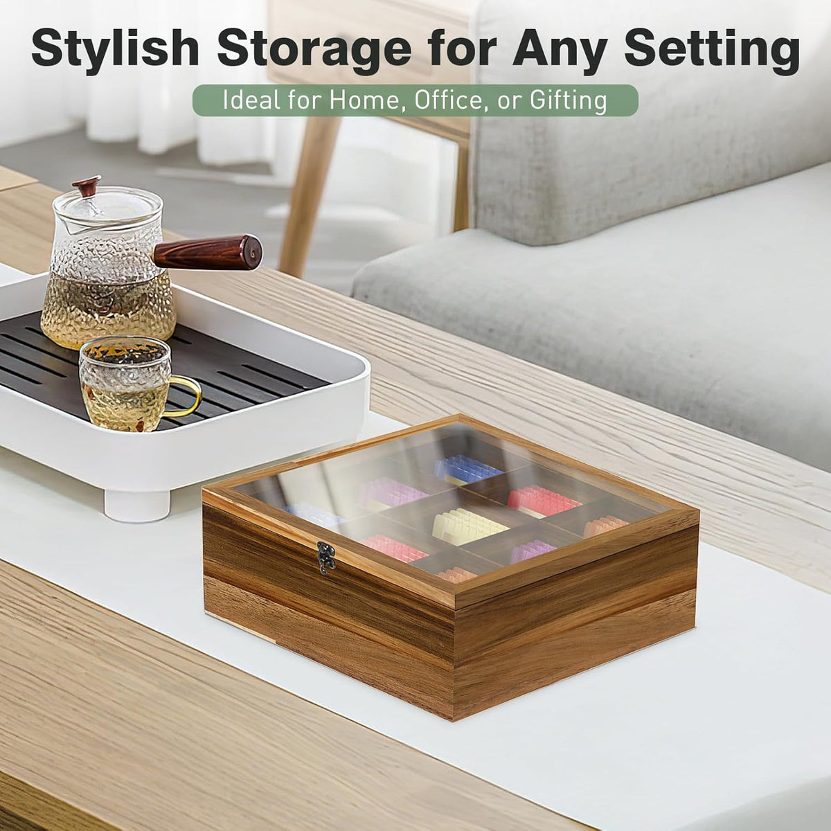Acacia Wood Tea Bag Organizer Tea Storage Box with Clear Acrylic Top Window & 9 Compartments Tea Bag Holder for Home Office Gift (Acacia)