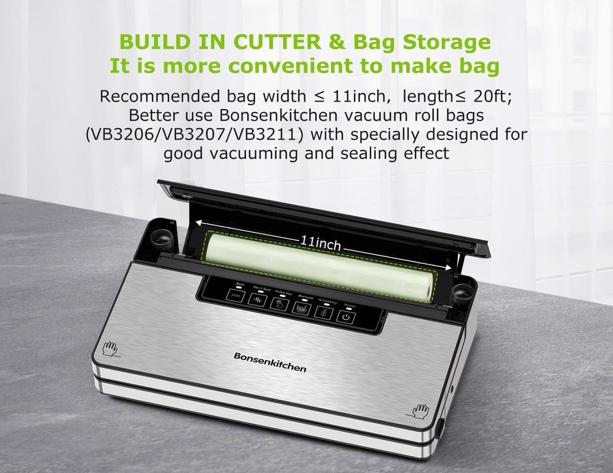 Bonsenkitchen Vacuum Sealer Machine, Stainless Steel Food Sealer Vacuum Sealers with 30 Bags & 1 Roll, 5 Food Vacuum Modes, Built-in Cutter & Bag Storage (Silver Black)