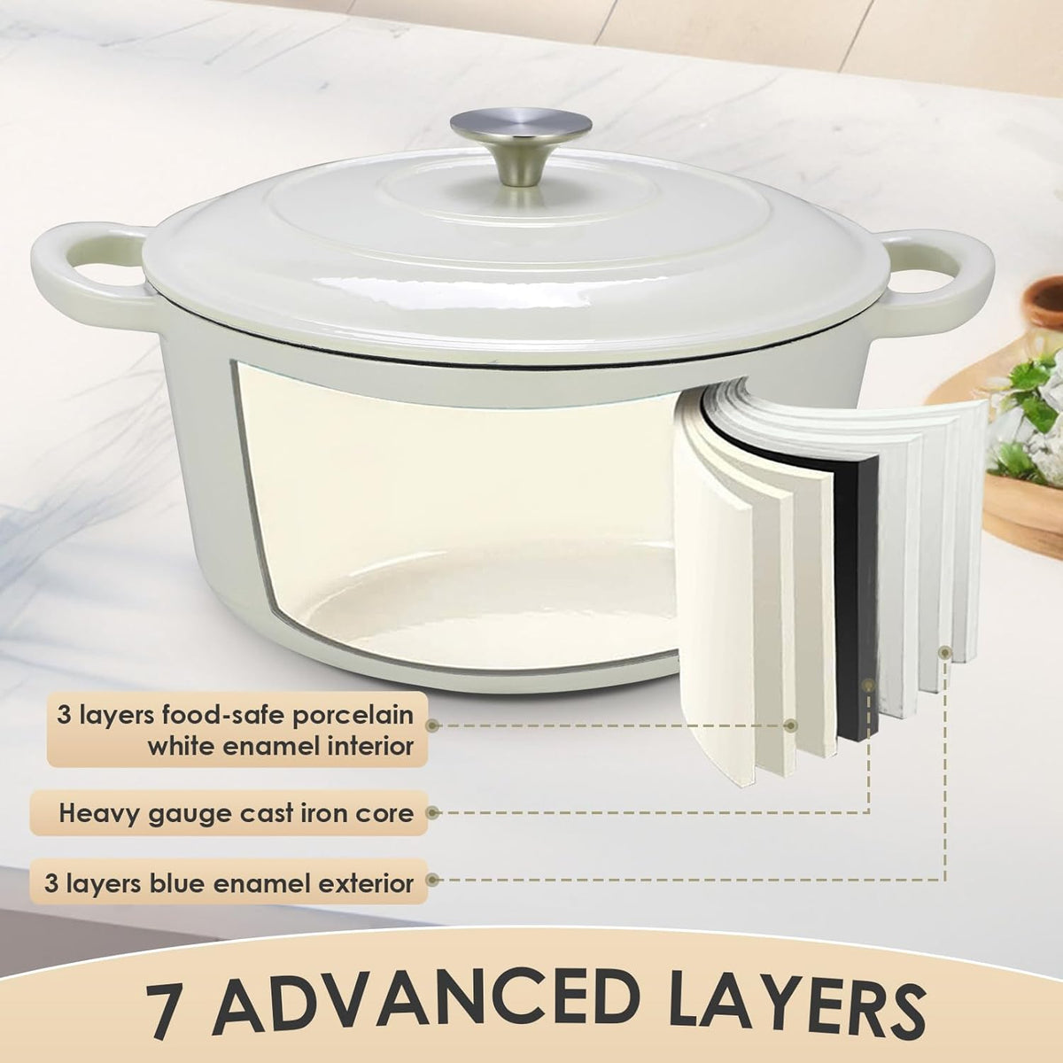 LIFERUN 6 Qt Enameled Cast Iron Dutch Oven Pot with Lid,Oven Safe up to 500° F, Non-Stick Dutch Oven with Dual Handles for Bread Baking, Fry Foods, Braising, Stews, Roasting (White)