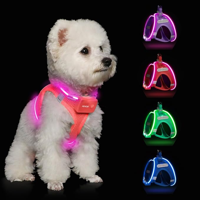 Light Up Dog Harness,Rechargeable LED Dog Harness for Small Medium Large Dogs,Reflective Lighted Safety Vest for Night Walking & Camping,Lightweight & Adjustable,Fluorescent Pink,L