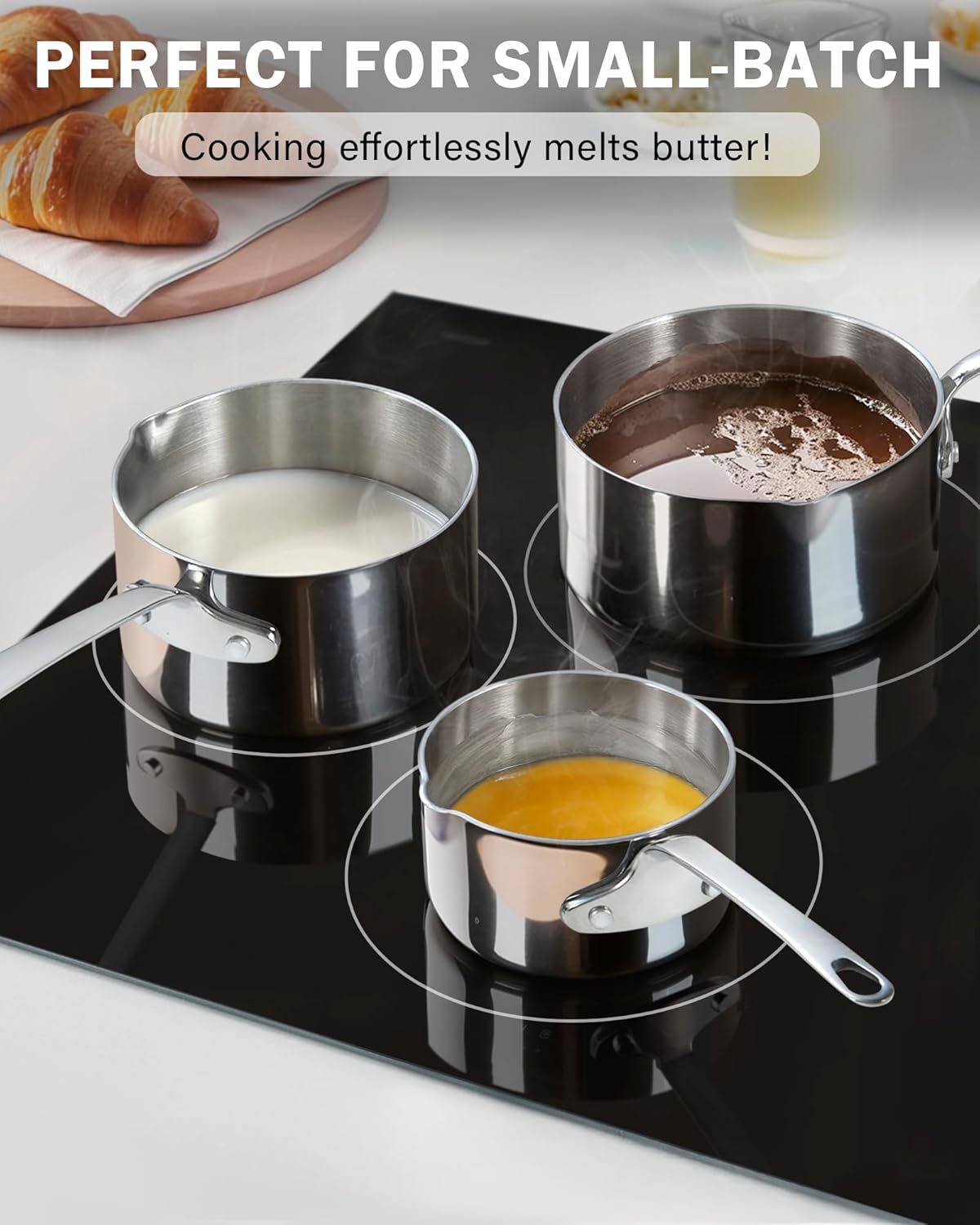 Cooks Standard Stainless Steel Butter Warmer Pot Set, 0.15/0.29/0.46/0.68 QT Multi-Ply Clad Small Sauce Pans, Mini Butter Chocolate Milk Melting Pot with Pour Spout, 4-Piece