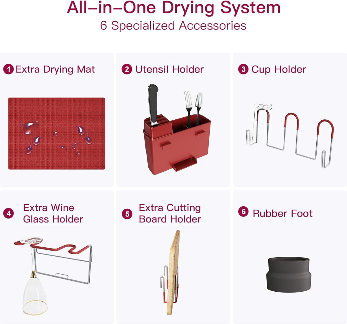 BOOSINY 2 Tier Red Large Stainless Steel Dish Drainers Drying Rack for Kitchen Counter with Drainboard, Rust Proof Metal, Space Saving, Modern Aesthetic, Compact Plates Strainers with Extra Mat