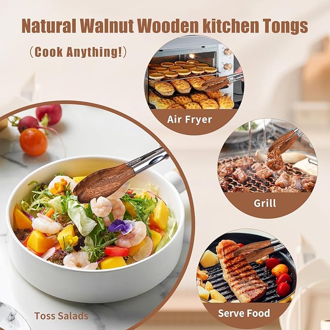 Wooden Tongs for Cooking Set of 3 (7",9",12") Natural Walnut Wooden kitchen Tongs for Grilling, Serving, BBQ and Tossing Salad etc | Ergonomic Stainless Steel Non-Slip Grip, Heat Resistant, Pull Lock