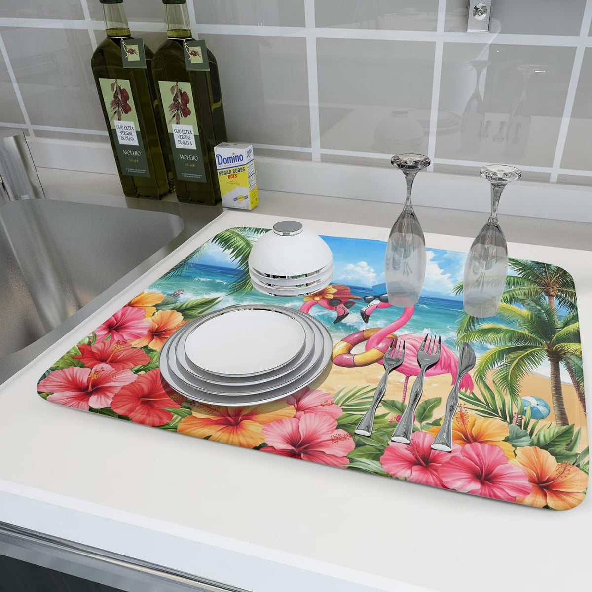 Summer Flamingos Dish Drying Mat 18x24 inch Tropical Beach Microfiber Washable Dish Rack Mats Drainer Pad for Counter Kitchen Table Decor