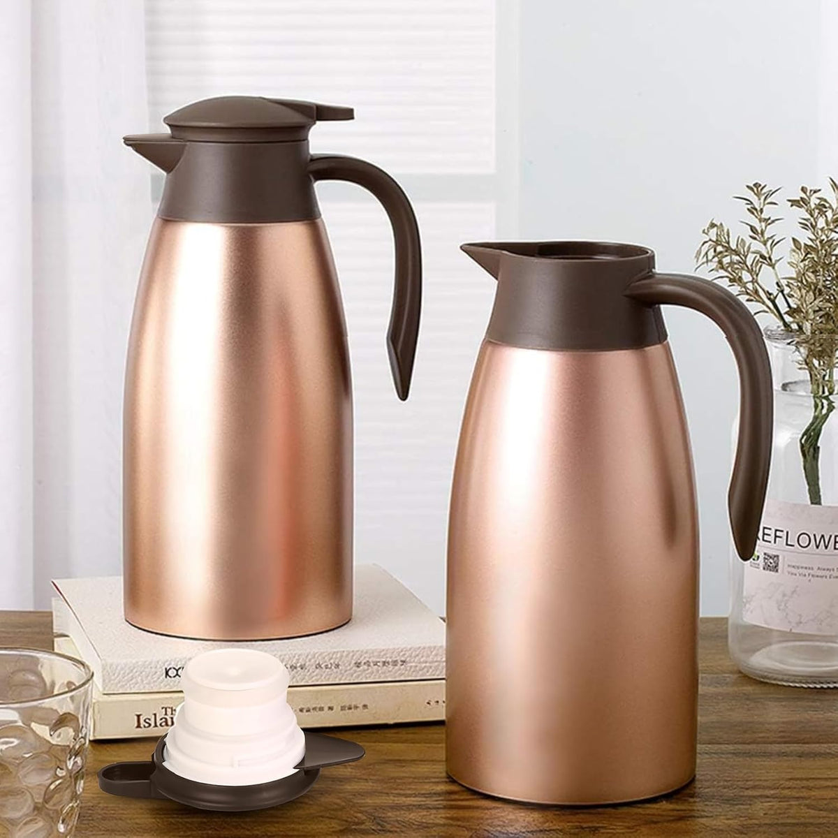 2pcs 70oz Thermal Coffee Carafe Coffee Pitcher, Insulated Stainless Steel Coffee Carafes for Keeping Hot Drinks, Double Walled Thermal Pot Dispenser for Coffee, Hot Water, Tea, Hot Beverage