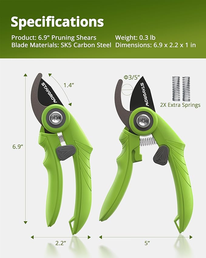 Garden Shears - 6.9" Pruning Shears for Gardening with SK5 Stainless Steel Sharp Blades, Tree Trimmer Garden Scissors with Comfort Handle and Safety Lock, Gardening Hand Tools - Green