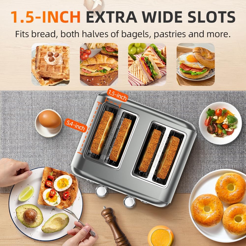 Grey Toaster 4 Slice, Dual Independent Controls, Extra Wide Slot Toasters for Bagel, Bread, Waffles, 7 Shade Settings, 4 Main Functions, Removable Crumb Tray, 1500 Watts, Grey Stainless Steel