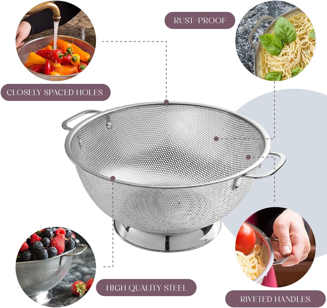 Bellemain Colander for Kitchen – 5 Qt Stainless Steel Strainer with Handle - 18/8 Pasta Strainer Bowl for Pasta, Spaghetti, Vegetables, Fruit, and Pot Draining - Stainless Steel Colander