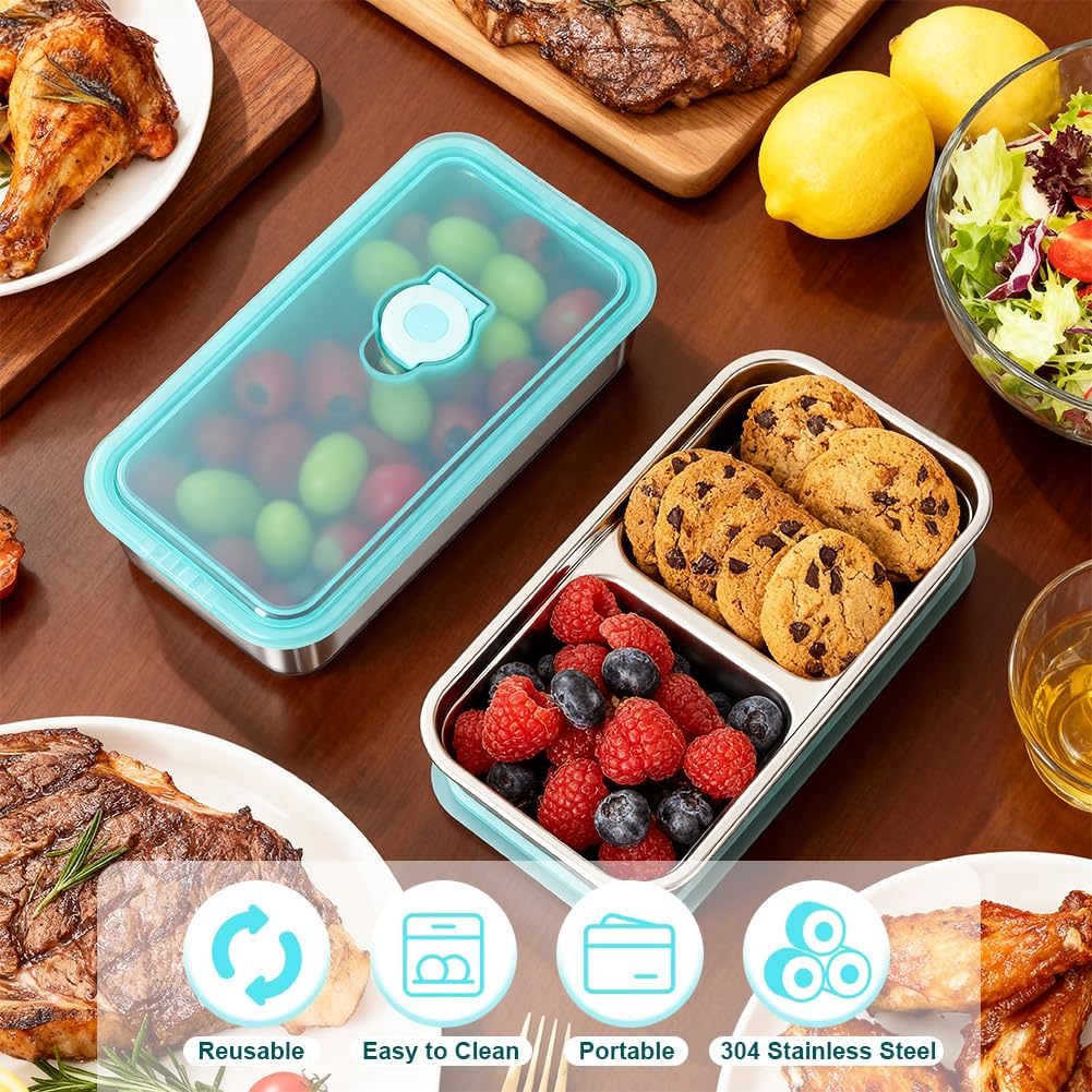 YQL 2 Pack Stainless Steel Food Containers with Lids, Double & Single Compartment Snack Boxes for Kids, Leakproof Reusable Bento Box for Lunch Prep, Travel, School, Camping