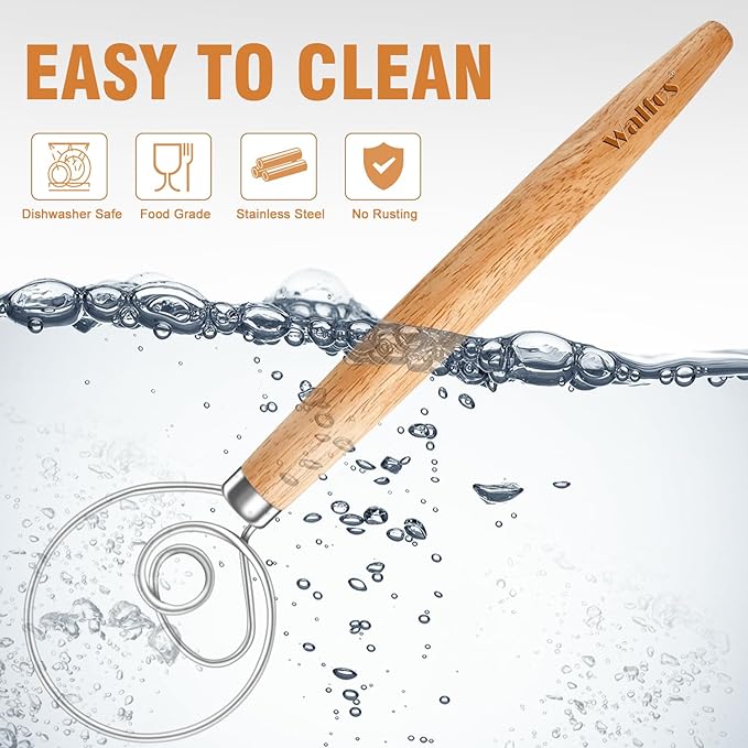 Walfos Wood Danish Dough Whisk, Wooden Sourdough Mixer With Stainless Steel Ring, Kitchen Hand Bread Whisking Tool for Cake, Pizza, Pastry, Biscuits