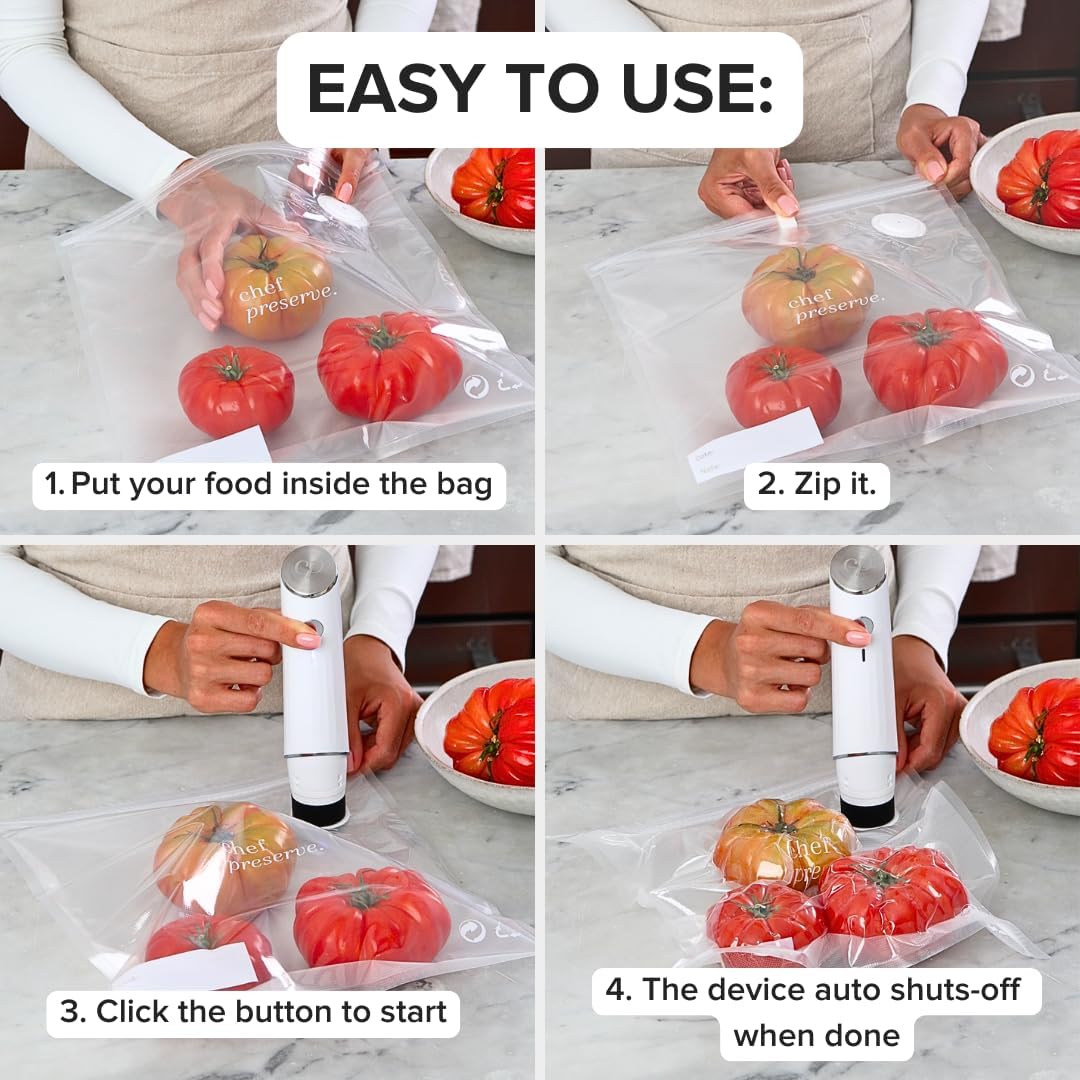 Chef Preserve Compact Vacuum Sealer for Food (Vacuum Sealer Machine + 20 Reusable Vacuum Bags) Powerful Handheld Vacuum Sealer Machine, Seal Meal Saver, Portable Food Sealer