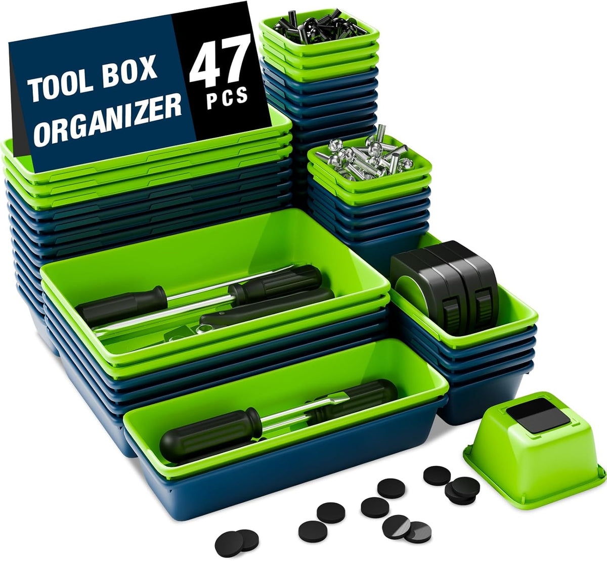 Tool Box Organizer, Tool Drawer Organizer Trays – 47pcs Black & Red Set with EVA Pads for Garage Storage & Tool Chest Inserts(Blue & Green 47PCS)