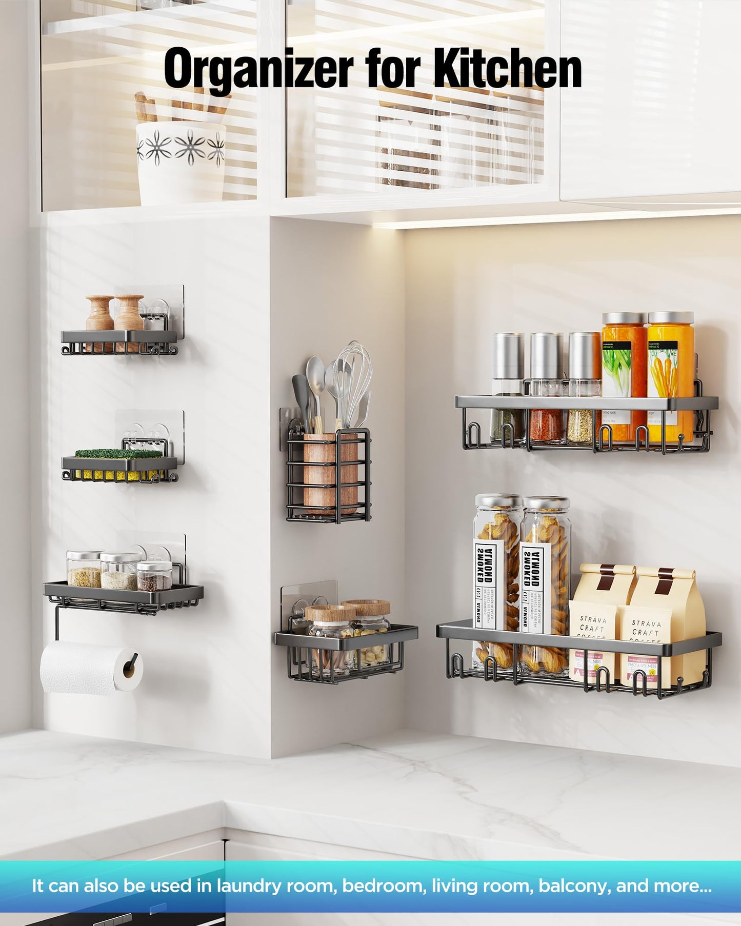 Yorshvil Shower Caddy 7 Pack, Adhesive Bathroom Shower Organizer for Bathroom Storage, No Drilling Large Capacity Rustproof Stainless Steel Shower Shelves Rack for Bath, Black
