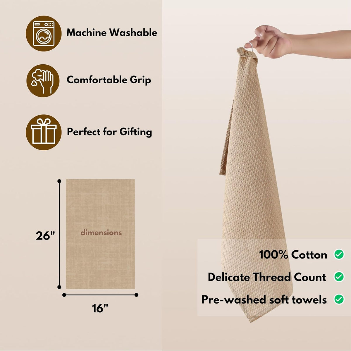 Native Fab Cotton Kitchen Towel with Hanging Loop 16x26 inches, 12-Pack, Waffle Weave Kitchen Towels for Cleaning Drying, Washcloths Soft & Absorbent Cloth Rags, Bar Towel, Dish Cloth, Beige