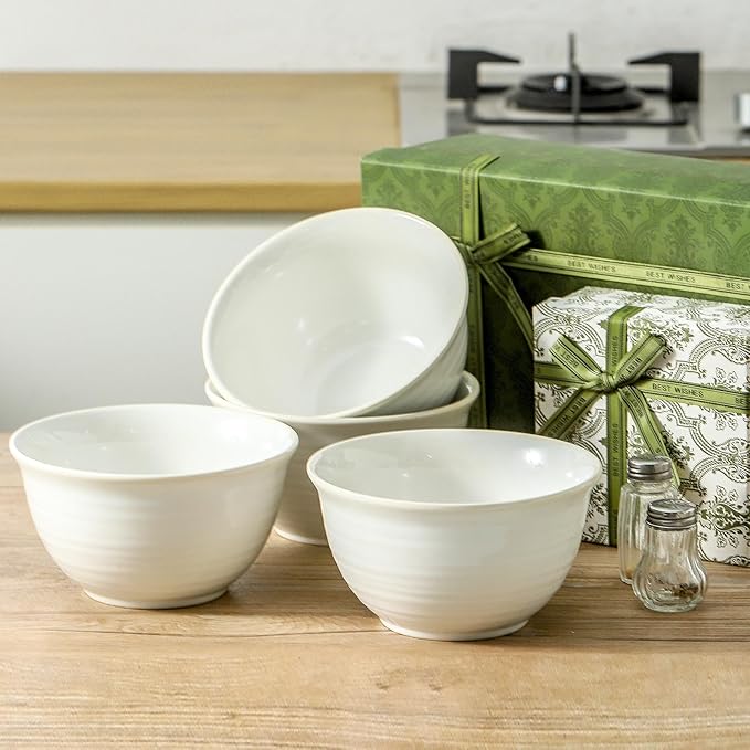 Hasense Soup Bowls, 40 Ounce Large Cereal Bowls for Kitchen, 7 Inch Ceramic Serving Dishes for Salad Pasta Oatmeal, Dishwasher and Microwave Safe, Clay-Infused White