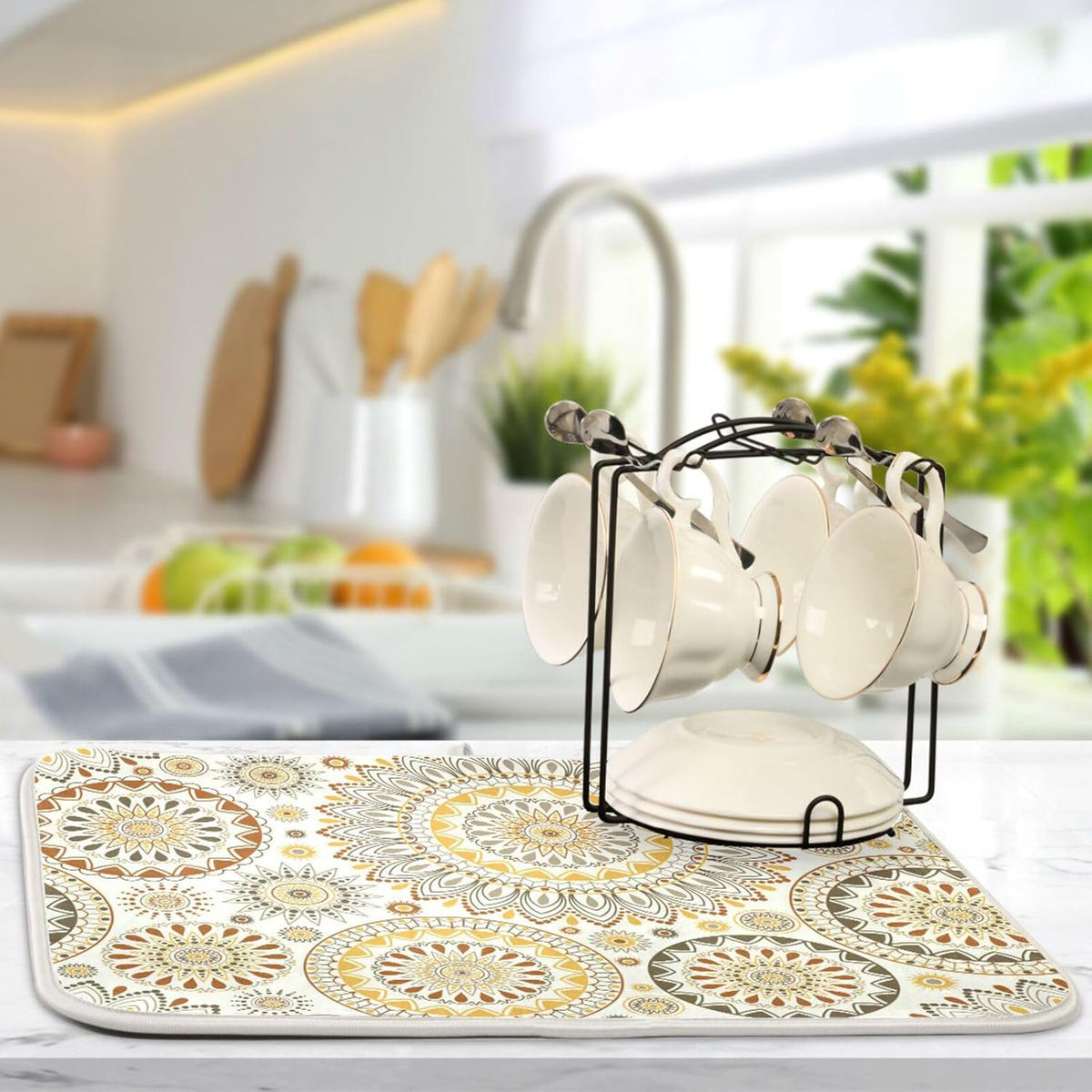 Mandala Ethnic Bohemian Ornament Dish Drying Mat for Kitchen Counter Absorbent Microfiber Drying Pad, Large 18x24 in, Reversible Drainer Mats