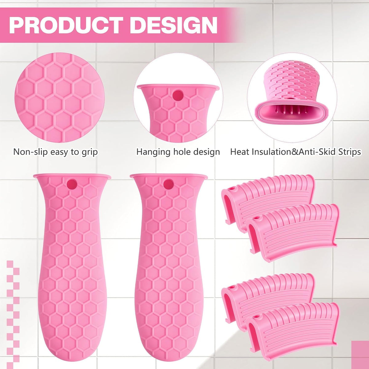 Patelai 8 Pcs Silicone Pot Holders Cast Iron Handle Cover Heat Resistant Pot Handle Covers Potholder Non Slip Reusable Pan Sleeve for Frying Pan Kitchen Supplies(Pink)