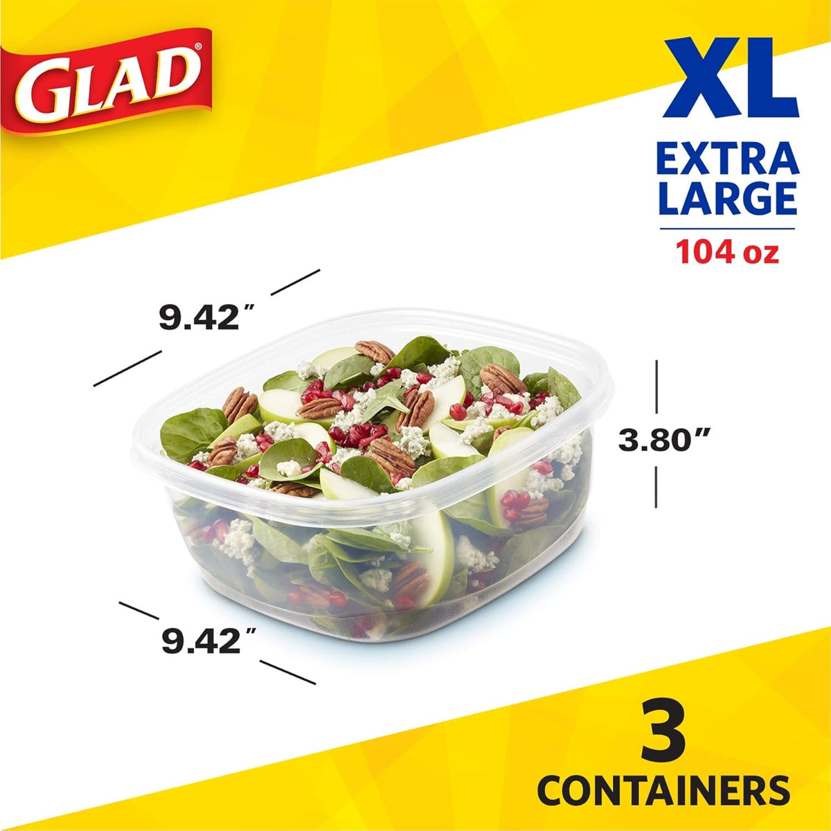 Glad Family Size Food Storage Containers, XL Square (104 Oz) - 3 Count, Standard