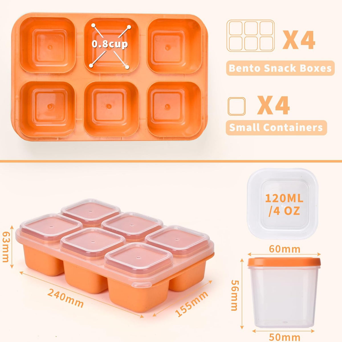4-Pack Bento Box & Snack Containers for Kids & Adults | 6-Compartment with 4 Sauce Cups | BPA-Free, Dishwasher Safe | Ideal for School, Office, Picnic & Travel (38oz/1100ml)