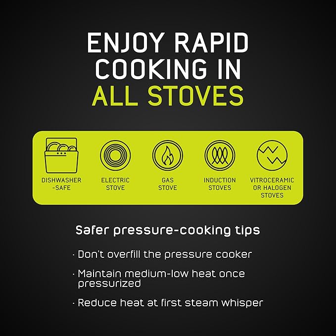 Universal (6.3 Qt/6 Liter) Silver Express Pressure Cooker + Extra Glass Lid, (15 PSI/100 kPa) with Easy Opening System, Ultra Safe Stainless Steel Pressure Cooker
