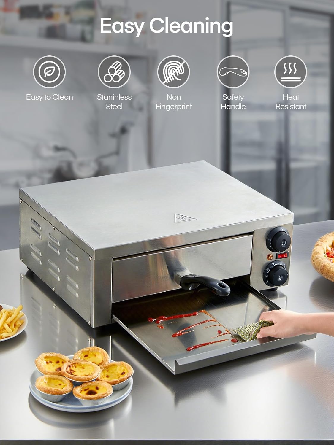 Commercial Pizza Oven, 12 Inch Countertop Pizza Ovens with 662°F Max Temp, Electric Pizza Cooker with Alert Timer, 1500W Stainless Steel Pizza-Maker Machine, for Restaurant, Home, Party, Silver
