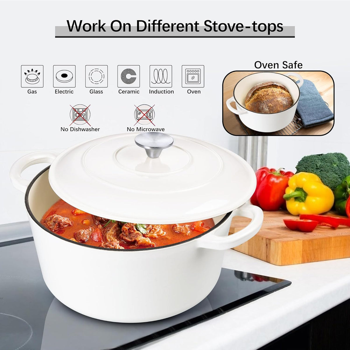 E-far Dutch Oven Pot with Lid, 5 Quart Enameled Cast Iron Round Dutch Oven Stockpot for Bread Baking/Braising/Cooking/Roasting/Stewing, Heavy Duty Nonstick Cookware Safe for Induction & Oven - White