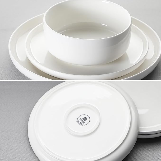 MALACASA Plates and Bowls Sets, 18 Pieces Porcelain Dinnerware Sets Dishware Sets Chip Resistant Ceramic Dish Set Dining Dinner Ware Service for 6, White, Series LUNA