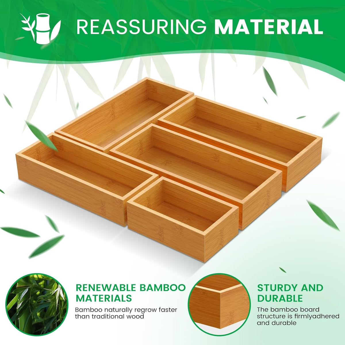 Bamboo Drawer Organizer Set, 5-Piece Storage Trays for Kitchen, Bathroom, Office Desk, Makeup & Junk Drawers,Utensils