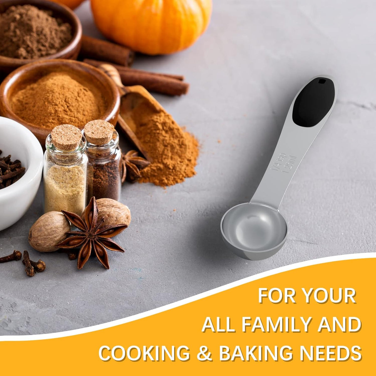 2PCS 1/4 Tsp(1.25ml) Single Measuring Spoon with Black Silicone Grip, Stainless Steel Individual Measure Scoop Only