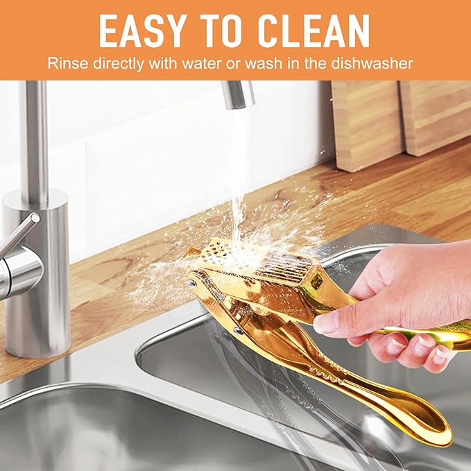 Garlic press and slicer 2 in 1,Effortlessly Crush, Slice, and Mince Garlic,with this Versatile Kitchen Tool - Perfect for Home Cooks and Professional Chefs Alike. (Golden)