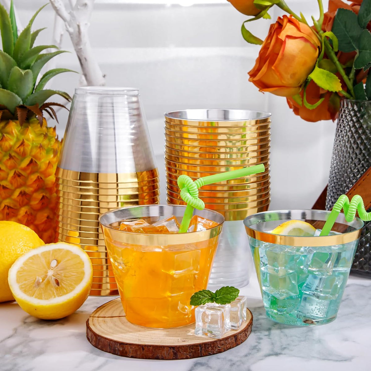 I00000 200 Pack Gold Plastic Cups, 9 Oz Elegant Clear Plastic Cups Gold Rimmed Disposable Wine Glasses Fancy Disposable Party Cup Wedding Cup Drinking Tumblers Cocktail Glasses Perfect for Party